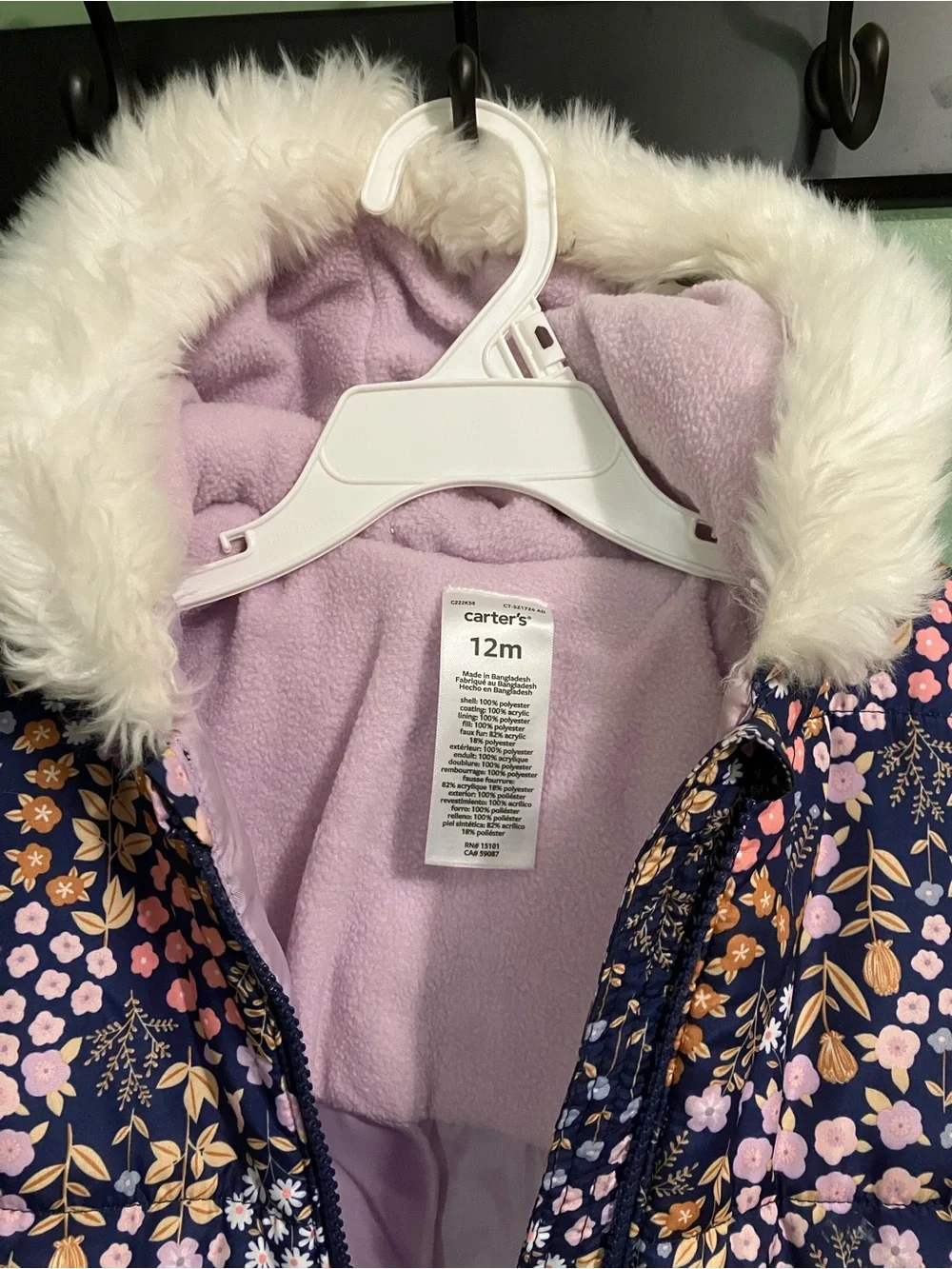 Carter's Navy Floral Hooded One-Piece Footie with Faux Fur Trim